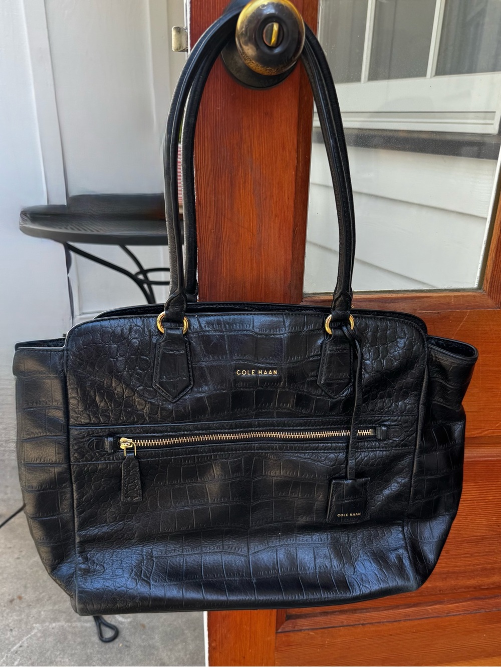Cole Haan Black Croc-Embossed Leather Laptop Tote with Gold Hardware + Dust Bag
